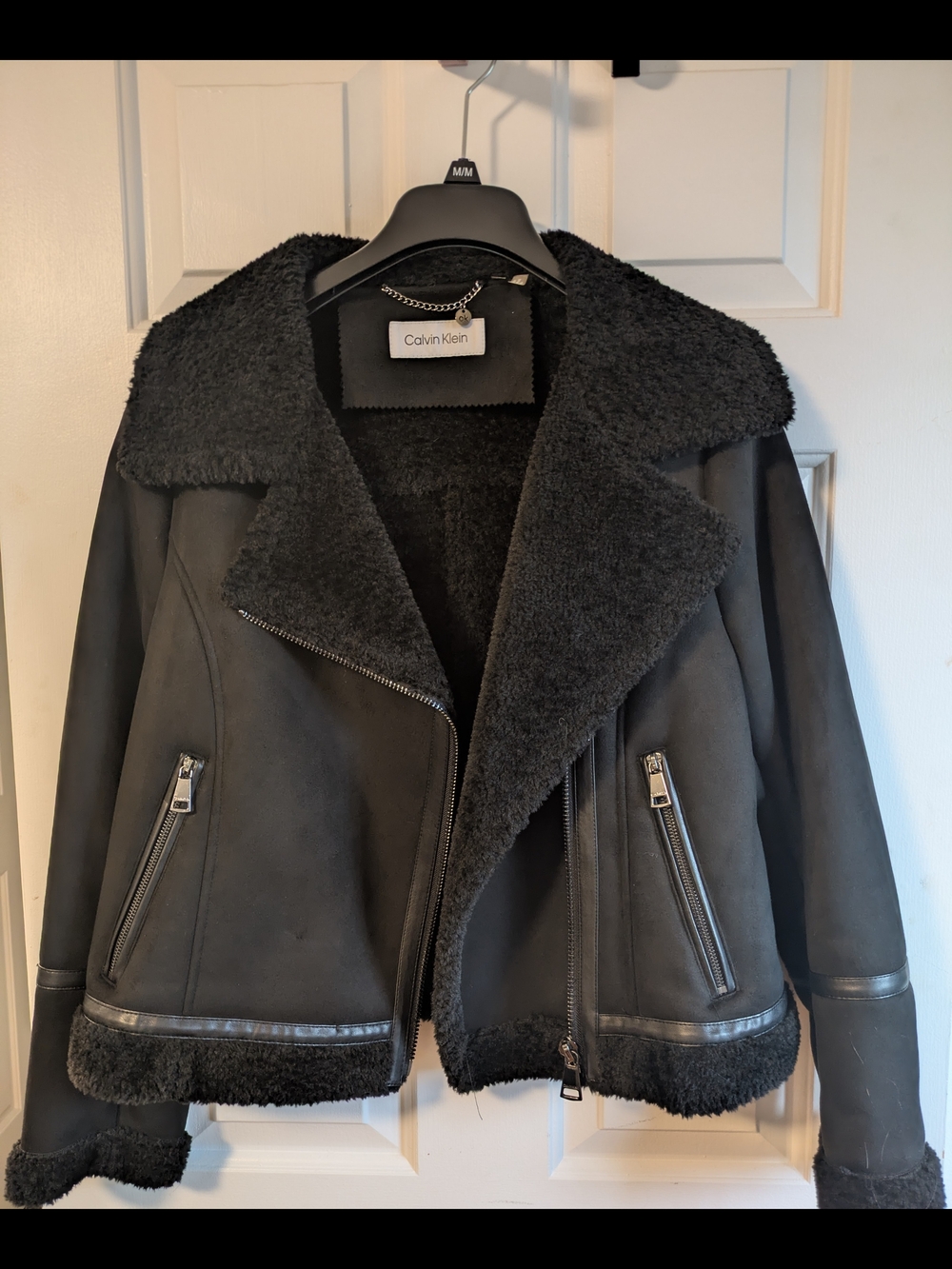 NWT Calvin Klein Black Shearling-Trim Moto Jacket